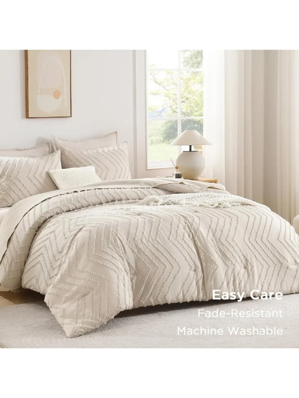 Boho King Size Comforter Set - 3 Piece Soft Cream Beige Bedding Collection